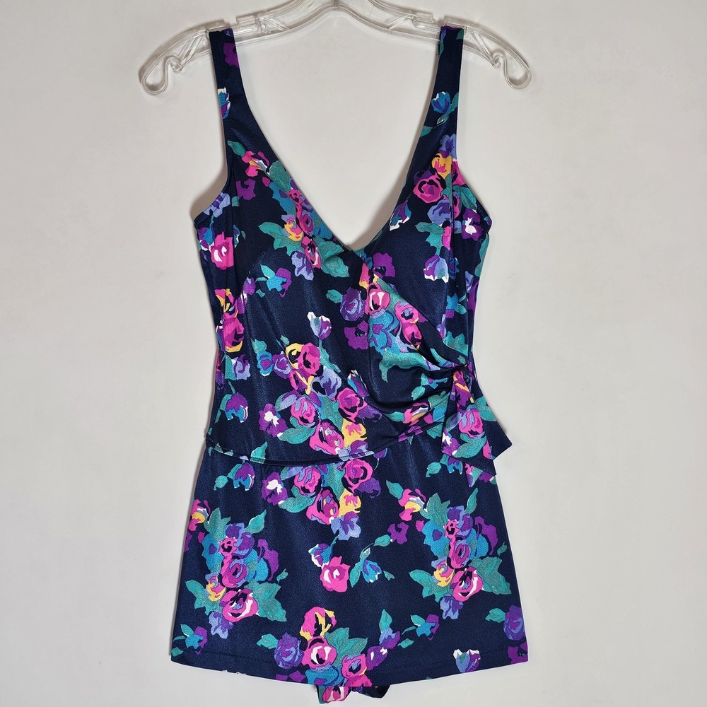 VTG Maxine Of Hollywood Swimsuit Womens 16 Navy Floral One Piece Skirt Side Tie